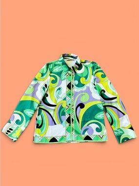 Zara Vibrant Green & Lime Abstract Print Button-Up Blouse